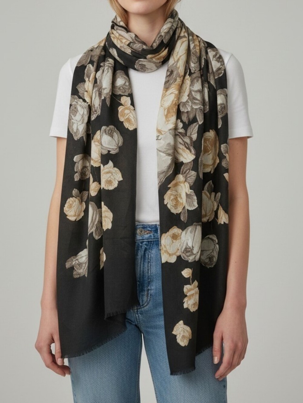 Floral Black & Beige Rose Shawl